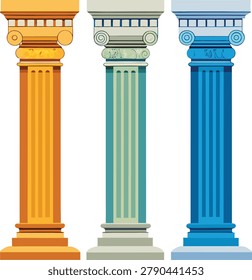 Collection of architectural columns, ancient Greek and Roman style pillars, decorative building elements in various vibrant colors, stone.