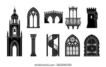 Collection of architectural elements, including gothic windows, arches, bridges, and a spiral staircase, showcasing historical designs