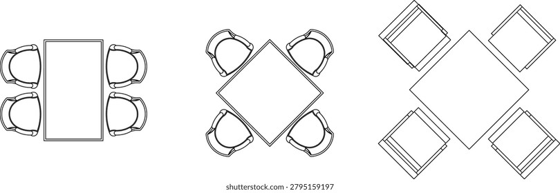 Collection of architectural floor plan elements featuring dining sets meeting tables and office furniture layouts perfect for interior design schematics.