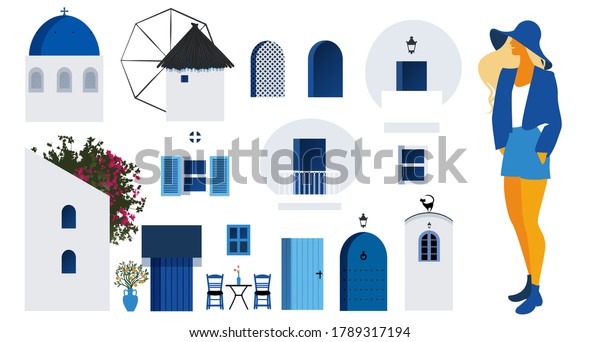 Collection of architectural items to build a typical scene of the Greek Islands and young tourist girl