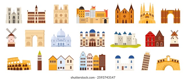 Collection of architectural landmarks and iconic structures in a flat cartoon style representing various countries and historical periods