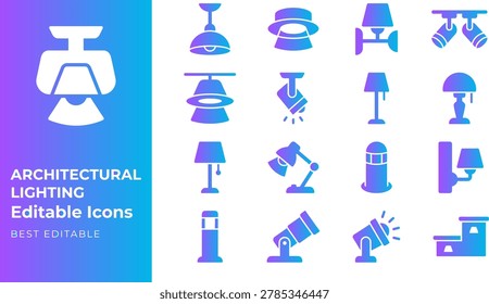 Collection of architectural lighting icons including ceiling lights, lamps, sconces, spotlights.