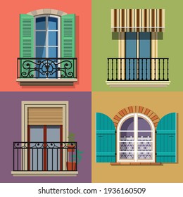 collection of architecture  elements  , window, balcony, wall, terrace, facade