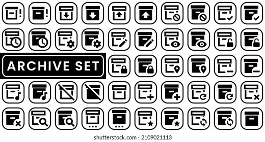 Collection of archive icons. Black flat icon set isolated on white Background