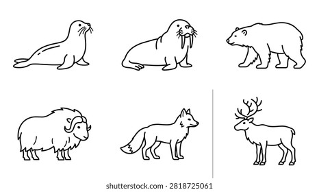 Collection of Arctic Animals Illustrated in Simple Line Art Style