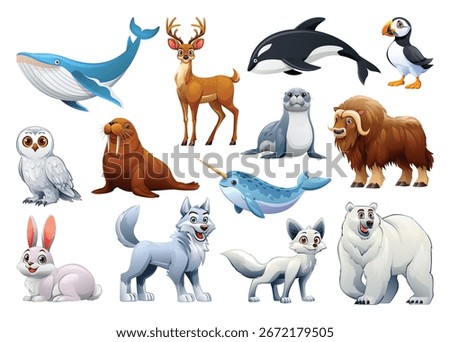 Collection of arctic animals such as a whale, deer, killer whale, puffin, owl, walrus, seal, musk ox, narwhal, wolf, fox, bunny, and polar bear. Vector cartoon illustration