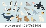 Collection of Arctic and Antarctic animals in cute flat style, featuring fox, wolf, bear, penguin, seal, whale, walrus, narwhal, tern, owl, and more polar species symbolizing cold harmony of nature.