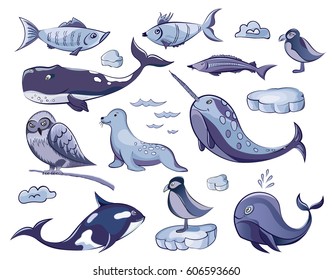 Collection of arctic and antarctic animals. Vector illustration.