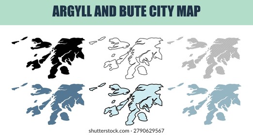 A collection of Argyll and Bute map outlines presented in solid lined and stock graphic forms. Excellent for regional data visualization.