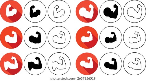 Collection of arm icons with shadow and different styles for fitness and strength related themes