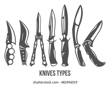 Collection of army knives, line icons set, typical combat knife, crossed knives samples, stock knife vector illustration. Black isolated on white background