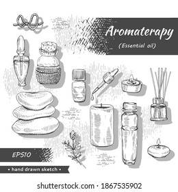 Collection of aromatherapy accessories. Detailed hand-drawn sketches