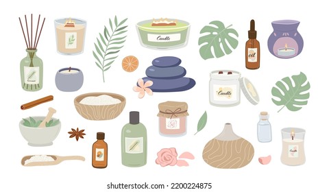 Colección de aromaterapia y accesorios de spa aislados de fondo blanco. Velas perfumadas, difusor de aroma, lámpara, piedras de masaje, aceite esencial, sal y dibujo de la mano de hierba ilustración vectorial