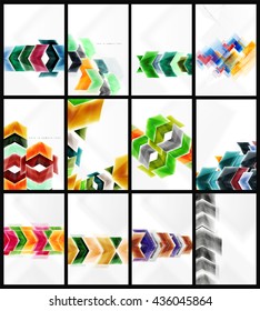 Collection of arrow abstract backgrounds. Set of vector web brochures, internet flyers, wallpaper or cover poster designs. Geometric style, colorful realistic glossy arrow shapes, blank templates with
