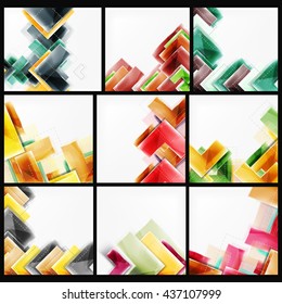 Collection of arrow abstract backgrounds. Set of vector web brochures, internet flyers, wallpaper or cover poster designs. Geometric style, colorful realistic glossy arrow shapes, blank templates with