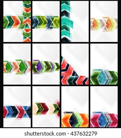 Collection of arrow abstract backgrounds. Set of vector web brochures, internet flyers, wallpaper or cover poster designs. Geometric style, colorful realistic glossy arrow shapes, blank templates with