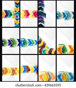 Collection of arrow abstract backgrounds. Set of vector web brochures, internet flyers, wallpaper or cover poster designs. Geometric style, colorful realistic glossy arrow shapes, blank templates with