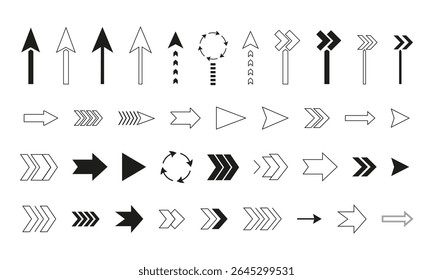 Collection of arrow icons in a modern, geometric black and white style. Includes solid, outline, and chevron shapes, ideal for UI design, infographics, or navigation. Isolated on a white background