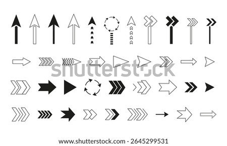 Collection of arrow icons in a modern, geometric black and white style. Includes solid, outline, and chevron shapes, ideal for UI design, infographics, or navigation. Isolated on a white background