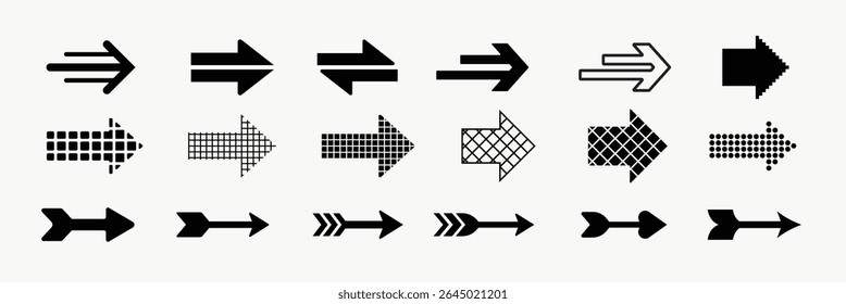 Collection of arrow icons in various styles and directions for design projects needing directional symbols. Collection of black arrow icons and symbols. Various of simple black arrows icons Vector.