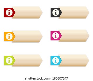 the collection of arrow shaped buttons with color tag / the set of arrows with info icon / info graphic elements