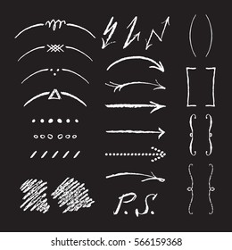 Collection of arrows, braces, vignettes, brackets and  other vector elements. Hand sketched shapes for branding design.Imitation of white chalk on a black board.