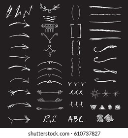 Collection Of Arrows, Braces, Vignettes, Brackets And  Other Vector Elements. Hand Sketched Shapes For Branding Design.Imitation Of White Chalk On A Black Board.Real Pastel Texture.