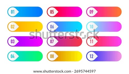 Collection arrows bullet point triangle flags isolated on white background. Colorful gradient markers. Number from 1 to 12. Vector