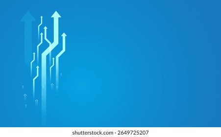 Conceito de coleção de setas para tendência ascendente, gráficos, valor, desempenho. Várias setas para cima simbolizam crescimento, direção e sucesso, ponto central em um fundo digital azul vibrante