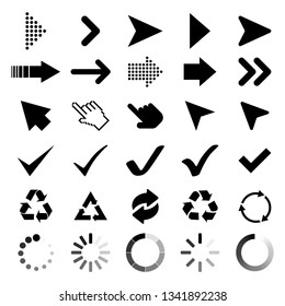 Collection Arrows, Cursor icons, Check marks, black Recycle and loading symbol. Arrow icons. Cursor vector icon. Recycle symbol. Loading icons. Eps10