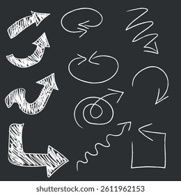Collection of arrows of different shapes, chalk drawing by hand, vector graphics line art. Decorative icons arrows brush