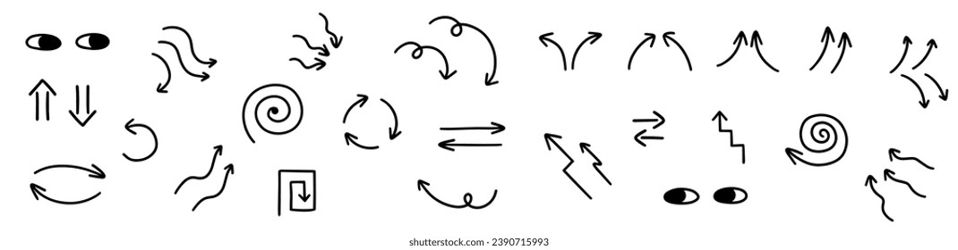 Collection of arrows and eyes in doodle hand drawn style. Vector icons set. Sketch arrow design for using in education, business etc.