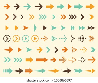 Collection of arrows icons in retro style and in vintage colors, large set of right pointers signs, vector illustration
