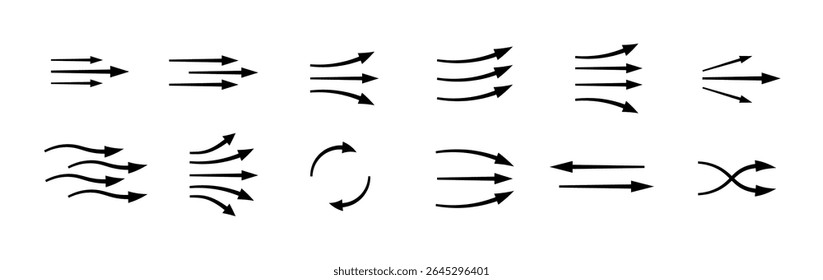 A collection of arrows illustrates different styles of air flow and motion with varied directions.