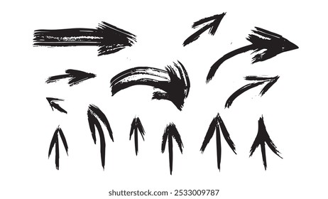 Collection of arrows indicating the direction, set of black grunge arrows with brush strokes on white background, hand drawn vector thick marker arrows with scratches, grunge elements