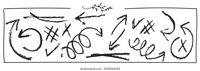 Collection of arrows, lines of symbols, and elements for highlighting text. Hand drawn, chalk effect. For the design of a text box, application, website, printing, notes