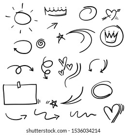 Collection of arrows on white. Hand drawn simple crowns. Line art. Abstract circles.graffiti.swoosh.emphasis. Doodles for work.vector