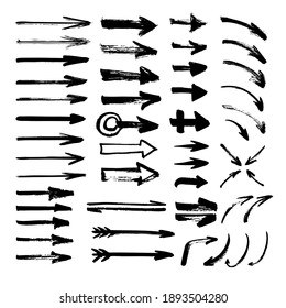 Collection of arrows. One-stroke drawing. Hand-drawn by brush. Straight, round, thick, thin, spiral signs and icons.