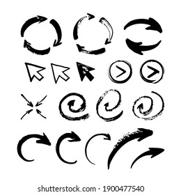 Colección de flechas. Dibujo de un golpe. Dibujado a mano por cepillo. Signos y iconos rectos, redondos, gruesos, delgados, espirales.
