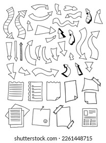 Collection arrows and pointers, sheets paper, notebook page, sticker sheet and sticky note. Vector doodles. Isolated outline drawns