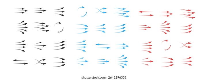 A collection of arrows showing fluid motion. includes straight, curved, and circular shapes.