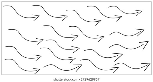 Uma coleção de setas com linhas onduladas finas. Setas acenando em todas as direções. Ilustração vetorial de uma seta preta.