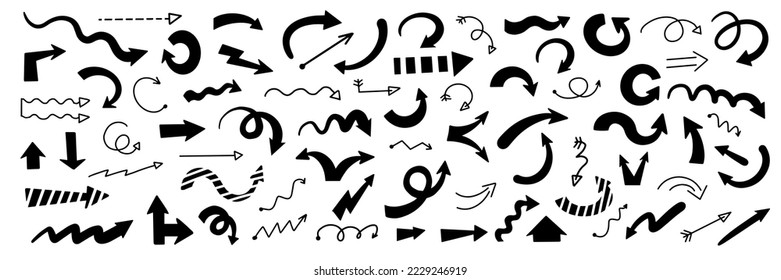 A collection of arrows of various shapes and directions isolated on white background. Hand-drawn pointers, elements for presentation, games, ui. Vector illustration. Doodle style.