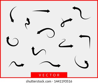 Collection arrows vector background black and white symbols. Different arrow icon set circle, up, curly, straight and twisted. Design elements.