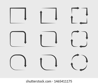 Collection arrows vector background black and white symbols. Different arrow icon set circle, up, curly, straight and twisted. Design elements.