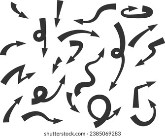 Collection arrows vector background black and white symbols. Different arrow icon set circle, up, curly, straight and twisted. Design elements.