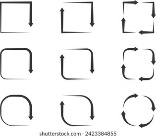 Collection arrows vector background black and white symbols. Different arrow icon set circle, up, curly, straight and twisted. Design elements.