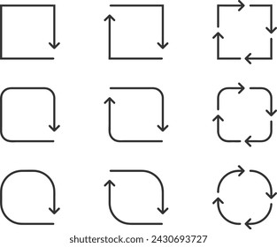 Flechas de colección vector de fondo negro y blanco símbolos. Diferente icono de flecha conjunto círculo, arriba, rizado, recto y retorcido. Elementos de diseño.