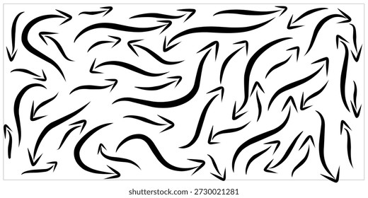 Eine Auflistung von Pfeilen mit wellenförmigen Linien. Die Pfeile winken in alle Richtungen. Eine schwarze Vektorgrafik von Pfeilen.