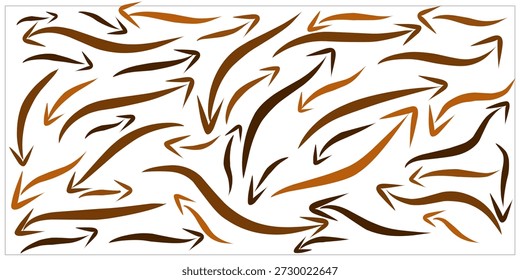 Eine Auflistung von Pfeilen mit wellenförmigen Linien. Die Pfeile winken in alle Richtungen. Eine braune Vektorgrafik von Pfeilen.